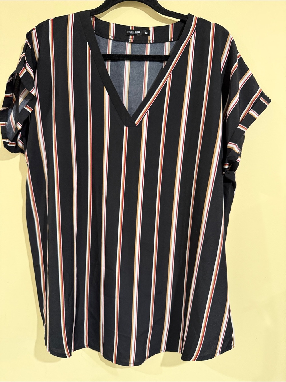 SHEIN Black V-Neck top with Cream and Red Stripes Size 1XL NWOT